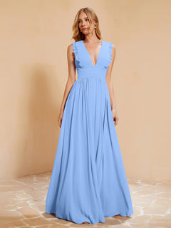 Sleeveless Long Gown with Plunging V Neck Blue