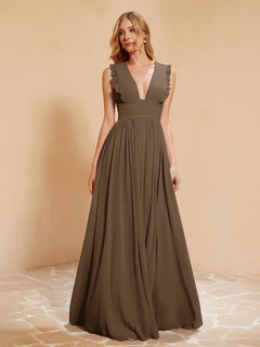 Sleeveless Long Gown with Plunging V Neck Brown
