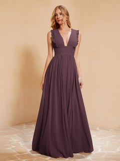 Sleeveless Long Gown with Plunging V Neck Cabernet
