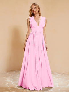 Sleeveless Long Gown with Plunging V Neck Candy Pink
