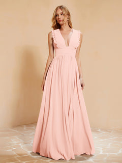 Sleeveless Long Gown with Plunging V Neck Coral