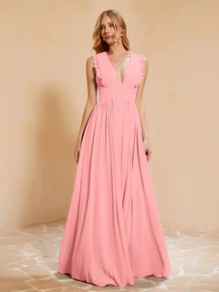 Sleeveless Long Gown with Plunging V Neck Flamingo