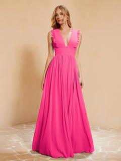 Sleeveless Long Gown with Plunging V Neck Fuchsia