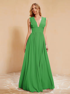 Sleeveless Long Gown with Plunging V Neck Green