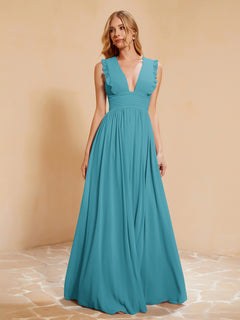 Sleeveless Long Gown with Plunging V Neck Jade