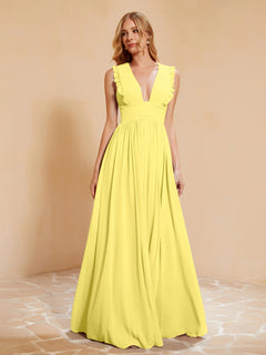 Sleeveless Long Gown with Plunging V Neck Lemon