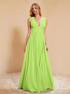 Sleeveless Long Gown with Plunging V Neck Lime Green