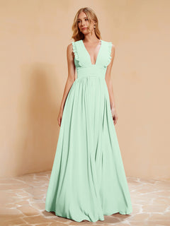Sleeveless Long Gown with Plunging V Neck Mint Green