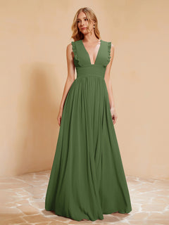 Sleeveless Long Gown with Plunging V Neck Moss