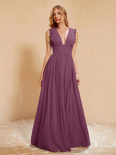Sleeveless Long Gown with Plunging V Neck Mulberry