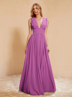 Sleeveless Long Gown with Plunging V Neck Orchid