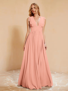 Sleeveless Long Gown with Plunging V Neck Papaya