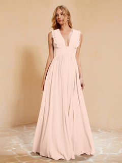 Sleeveless Long Gown with Plunging V Neck Pearl Pink