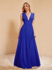 Sleeveless Long Gown with Plunging V Neck Royal Blue