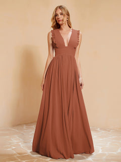 Sleeveless Long Gown with Plunging V Neck Rust