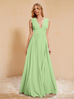 Sleeveless Long Gown with Plunging V Neck Sage