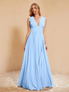 Sleeveless Long Gown with Plunging V Neck Sky Blue