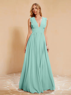 Sleeveless Long Gown with Plunging V Neck Turquoise