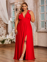 Sleeveless Long Gown with Plunging V Neck Red