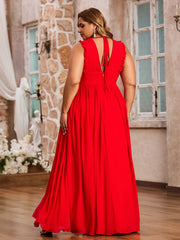 Sleeveless Long Gown with Plunging V Neck Red