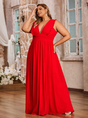 Sleeveless Long Gown with Plunging V Neck Red