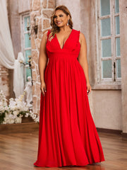 Sleeveless Long Gown with Plunging V Neck Red