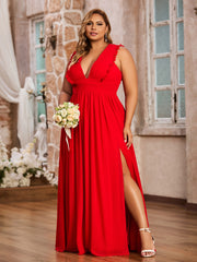 Sleeveless Long Gown with Plunging V Neck Red