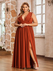 Sleeveless Long Gown with Plunging V Neck Rust
