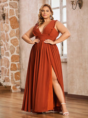 Sleeveless Long Gown with Plunging V Neck Rust