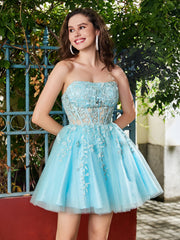 Strapless Transparent Top Pleated Short Dress Spa