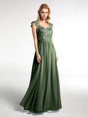 Lace Bodice Chiffon Skirt Long Dresses Olive Green