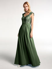 Lace Bodice Chiffon Skirt Long Dresses Olive Green
