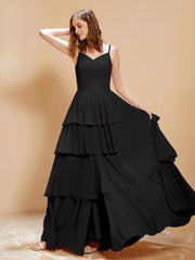 Boho Long Chiffon Gown with Ruffles Black