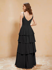 Boho Long Chiffon Gown with Ruffles Black