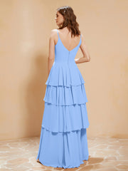 Boho Long Chiffon Gown with Ruffles Blue