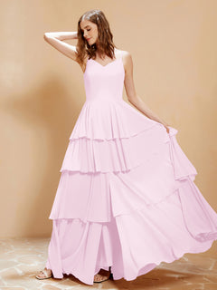 Boho Long Chiffon Gown with Ruffles Blushing Pink