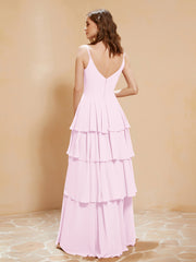 Boho Long Chiffon Gown with Ruffles Blushing Pink