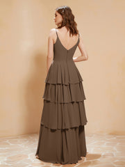 Boho Long Chiffon Gown with Ruffles Brown