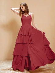 Boho Long Chiffon Gown with Ruffles Burgundy