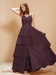 Boho Long Chiffon Gown with Ruffles Cabernet