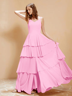Boho Long Chiffon Gown with Ruffles Candy Pink
