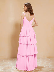 Boho Long Chiffon Gown with Ruffles Candy Pink