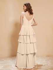 Boho Long Chiffon Gown with Ruffles Champagne