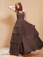 Boho Long Chiffon Gown with Ruffles Chocolate