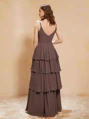 Boho Long Chiffon Gown with Ruffles Chocolate