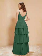 Boho Long Chiffon Gown with Ruffles Dark Green