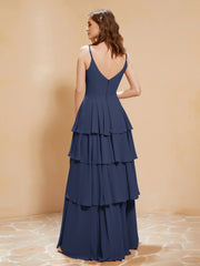 Boho Long Chiffon Gown with Ruffles Dark Navy