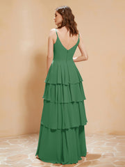 Boho Long Chiffon Gown with Ruffles Emerald
