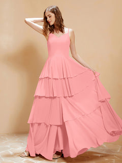 Boho Long Chiffon Gown with Ruffles Flamingo