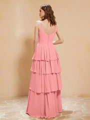 Boho Long Chiffon Gown with Ruffles Flamingo